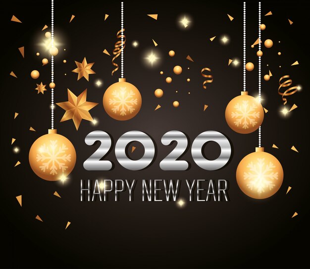 Banner de feliz año nuevo 2020 con bolas de decoración colgando