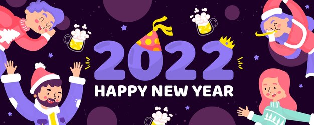 Banner de feliz año nuevo 2022 plano dibujado a mano