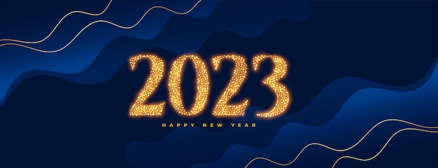 Banner de feliz año nuevo con letras 2023 en brillo dorado