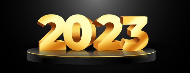 Banner de feliz año nuevo con podio 3d y texto dorado 2023