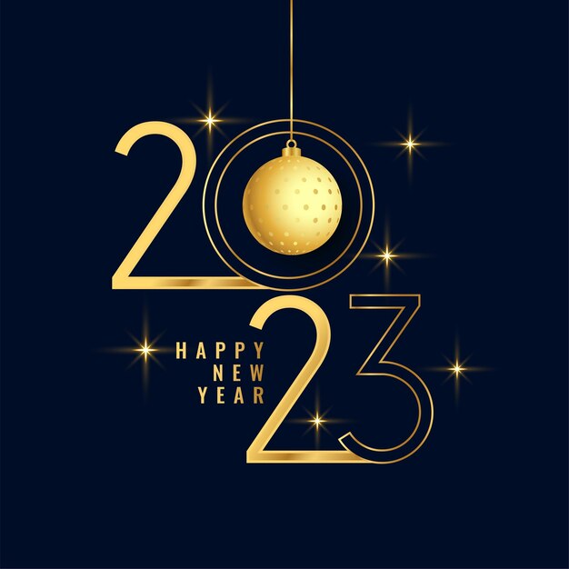Banner de feliz año nuevo con texto dorado 2023 y diseño de adorno
