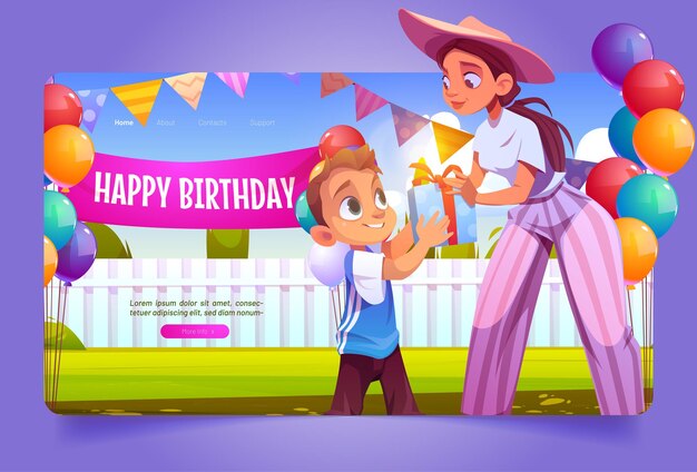 Banner de feliz cumpleaños con mujer dar niño de caja de regalo