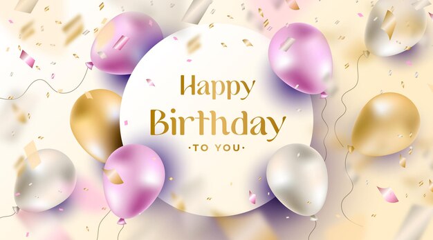 Banner de feliz cumpleaños realista con globos flotantes 3D y confeti