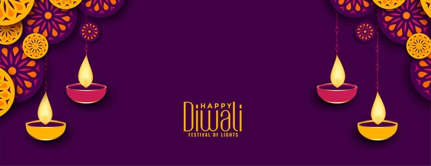 Banner de feliz festival de diwali con decoración diya