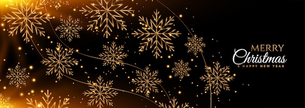 Banner de feliz navidad copos de nieve negro y oro