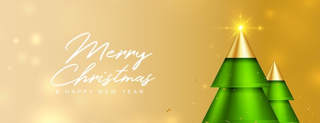 Banner de feliz navidad con diseño de árbol de navidad 3d brillante