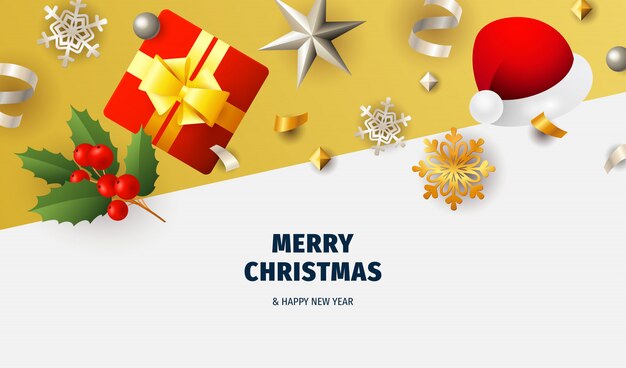 Banner de feliz Navidad con escamas sobre fondo blanco y amarillo