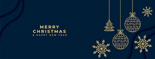 Vector gratuito banner de feliz navidad de estilo de línea con adornos de navidad