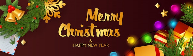 Banner de feliz navidad y feliz año nuevo con cascabeles