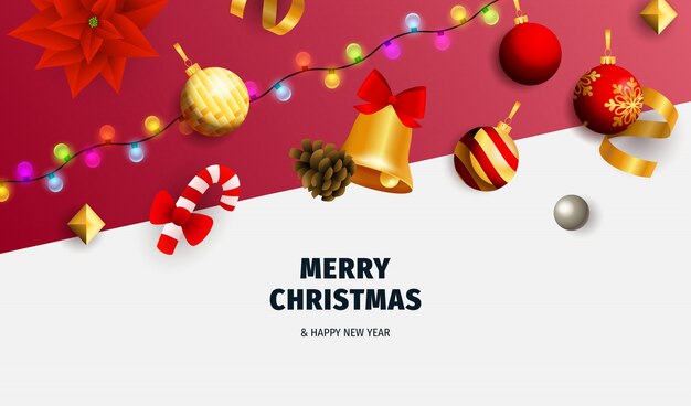 Banner de feliz Navidad con guirnalda sobre fondo blanco y rojo