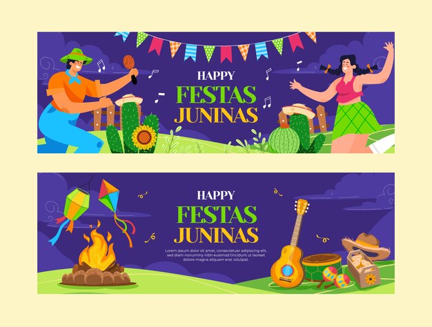 Banner de festas juninas dibujado a mano con bailarinas