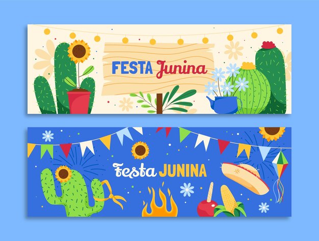 Banner de festas juninas plano dibujado a mano