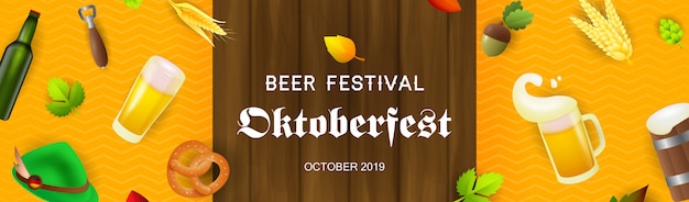 Vector gratuito banner de festival de cerveza con elementos de producción de cerveza