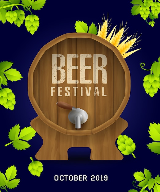 Banner de festival de cerveza con lúpulo realista y hojas