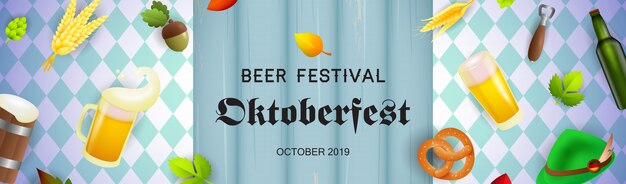 Banner de festival de cerveza con objetos realistas de producción de cerveza