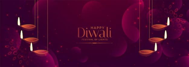 Banner de festival de diwali púrpura brillante con diya colgante