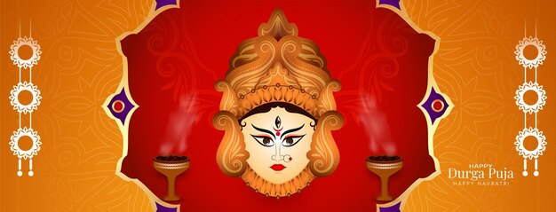Banner del festival Durga Puja y Happy navratri con vector de cara de la diosa Durga