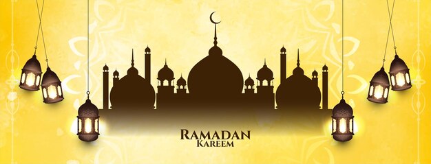 Banner de festival islámico artístico Ramadán Kareem amarillo