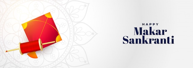 Banner del festival Makar sankranti con cometa y carrete de cuerda