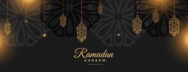 Banner del festival sagrado de ramadan kareem en estilo negro y dorado