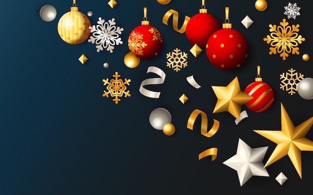 Vector gratuito banner festivo de navidad con bolas y estrellas sobre fondo azul.