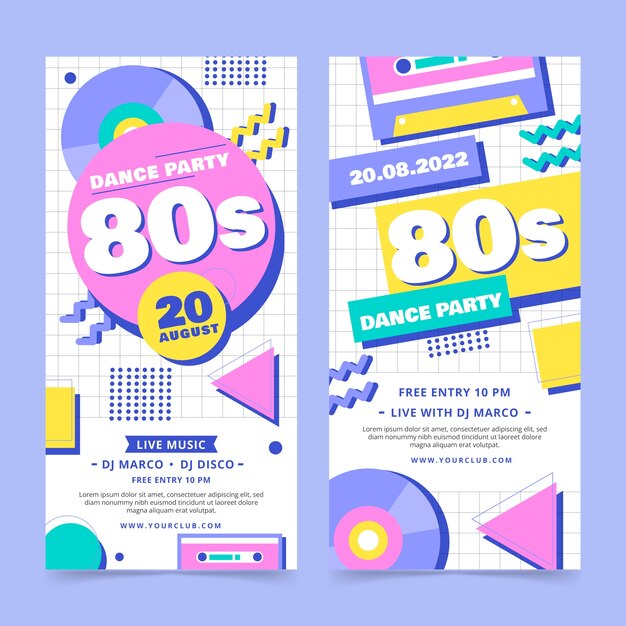 Banner de fiesta de los 80 dibujado a mano vertical