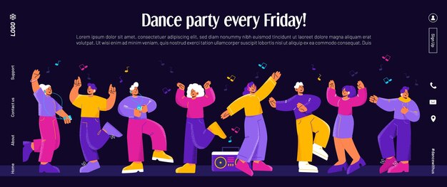 Banner de fiesta de baile con gente feliz y música.