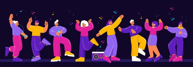 Banner de fiesta de baile con gente feliz y música.