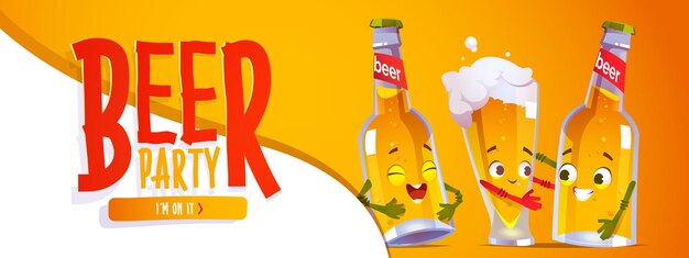 Banner de fiesta de cerveza con botellas y vidrio.