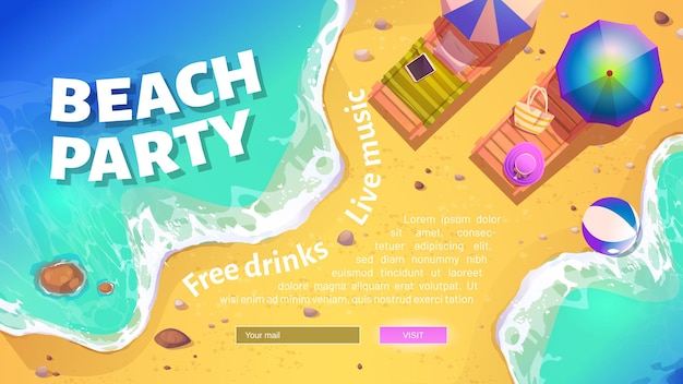 Vector gratuito banner de fiesta en la playa con orilla del mar de verano con hamacas y sombrillas.