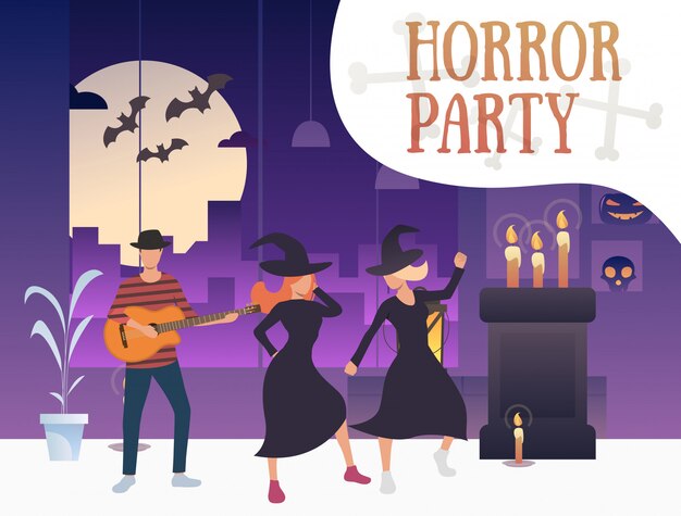 Banner de fiesta de terror con brujas bailando y guitarrista