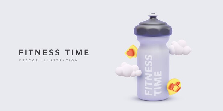 Vector gratuito banner de fitness con botella de plástico de color realista, nubes e iconos sociales