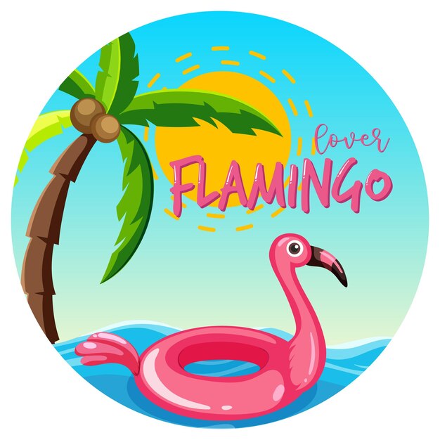 Banner de forma de círculo con anillo de natación flamingo flotando en el mar aislado