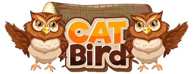 Banner de fuente Cat Bird con personaje de dibujos animados de dos búhos aislado