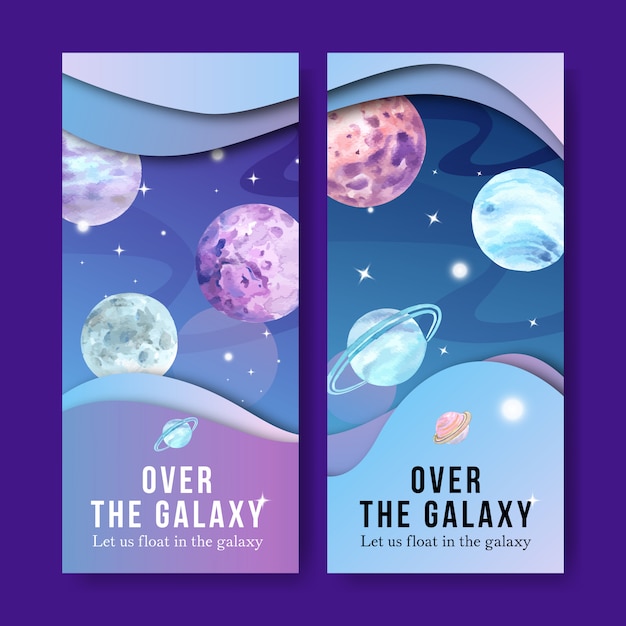 Banner de galaxia con ilustración acuarela de planetas.