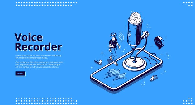 Banner de grabadora de voz. Tecnologías móviles para grabar sonido, dictar mensajes y hablar. Página de inicio de vector de dictáfono con ilustración isométrica de micrófono, teléfono inteligente y mujer