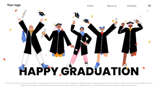 Vector gratuito banner de graduación feliz con salto de graduados