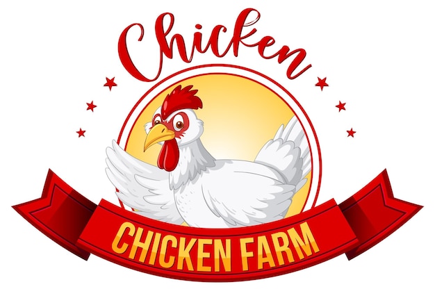 Banner de granja de pollo con personaje de dibujos animados de pollo blanco