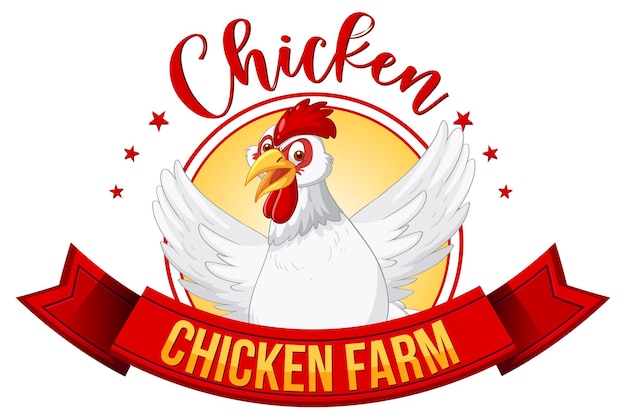 Banner de granja de pollo con personaje de dibujos animados de pollo blanco