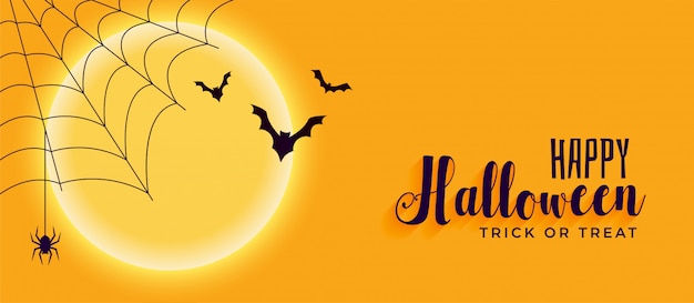 Banner de halloween feliz con tela de araña y murciélagos volando