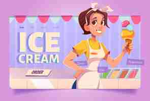 Vector gratuito banner de helado con vendedor de niña en café