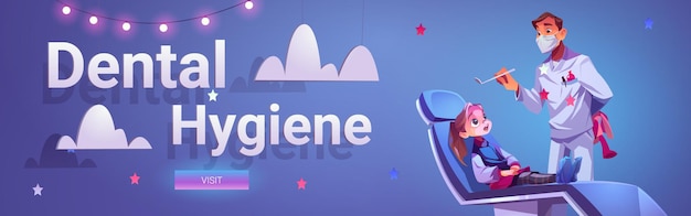 Banner de higiene dental con médico y paciente niña.