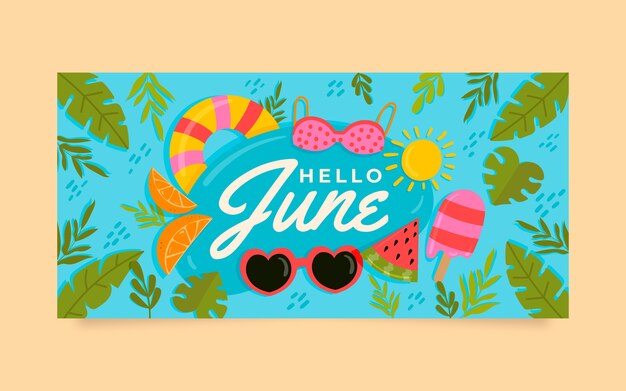 Banner de hola junio plano dibujado a mano de verano