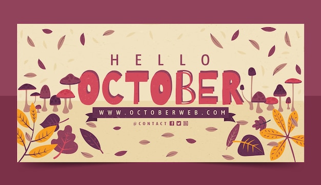 Banner de hola octubre plano dibujado a mano