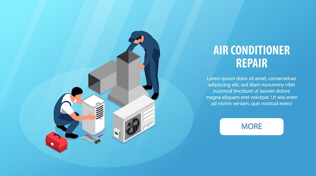 Vector gratuito banner horizontal de aire acondicionado isométrico con reparadores que fijan dispositivos de refrigeración ilustración vectorial