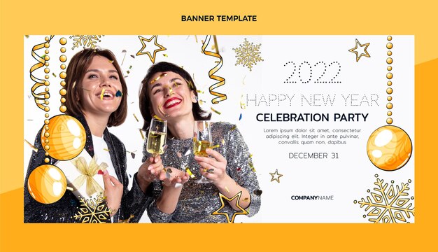 Banner horizontal de año nuevo dibujado a mano