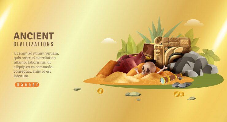 Vector gratuito banner horizontal de arqueología con texto editable y pila de hallazgos de civilizaciones antiguas en gradiente dorado