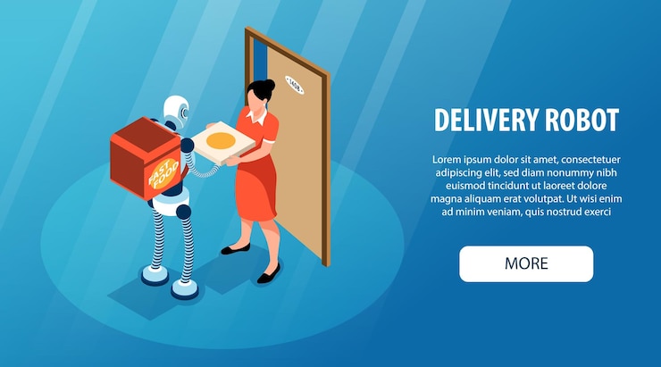 Vector gratuito banner horizontal de asistente de robot isométrico con título de robot de entrega y más ilustración de vector de botón