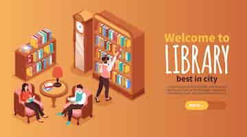 Vector gratuito banner horizontal de biblioteca con símbolos de lectura ilustración vectorial isométrica