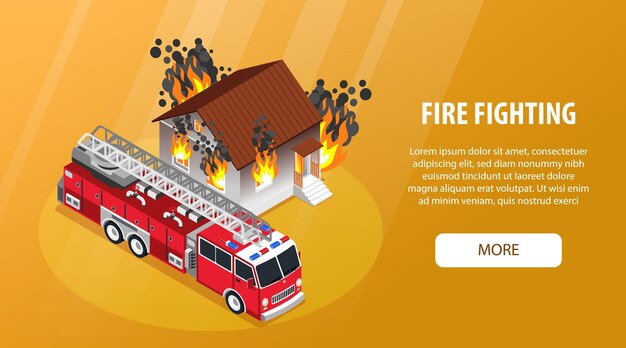 Banner horizontal de bombero amarillo isométrico con título de lucha contra incendios y más ilustración de vector de botón